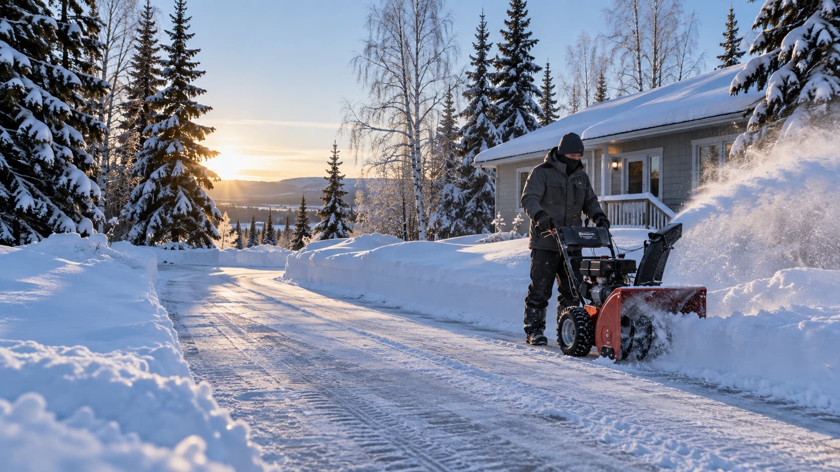A snow-covered Fairbanks driveway being cleared after a winter storm